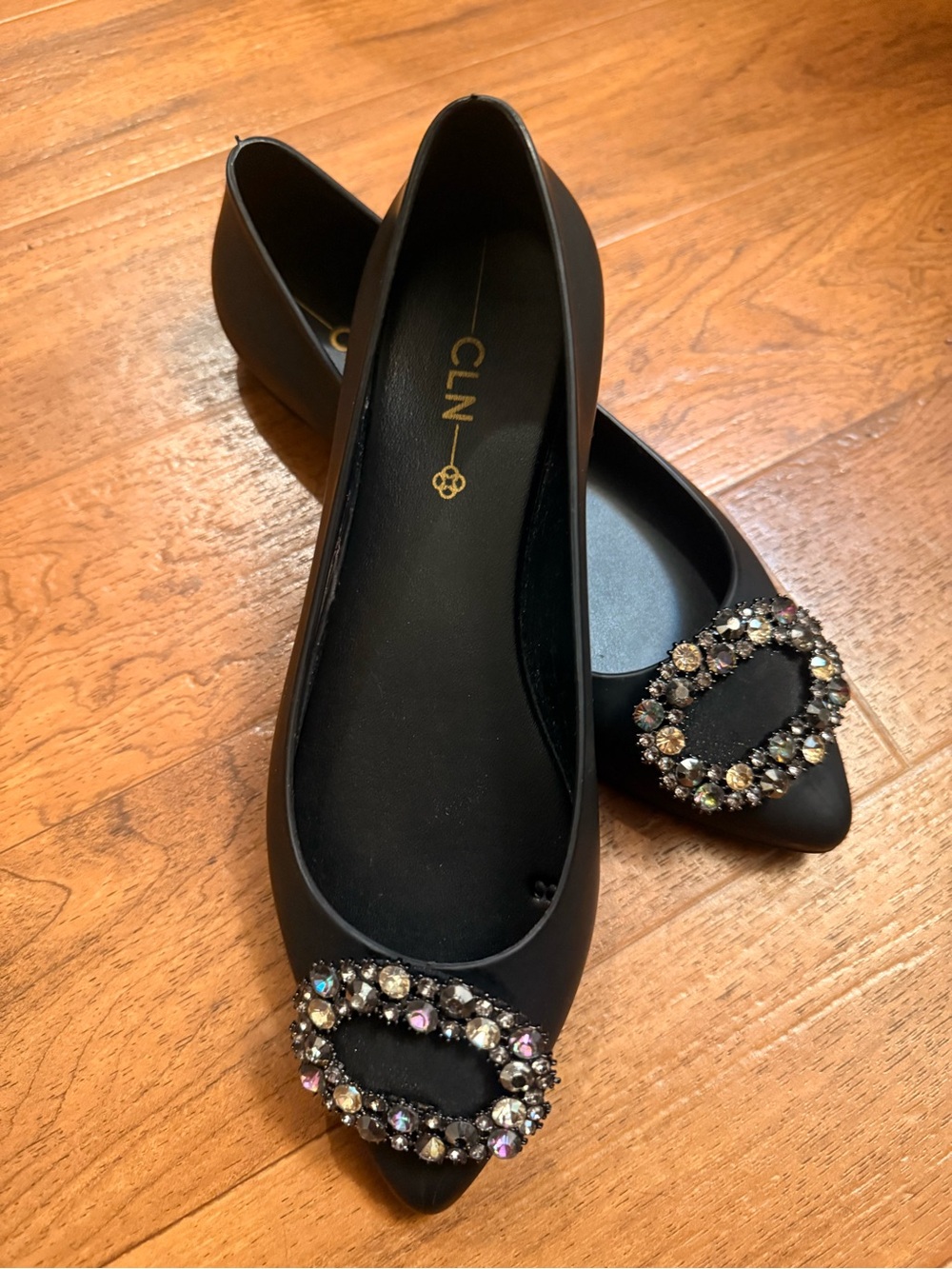 Black Pointed-Toe Embellished Flats
